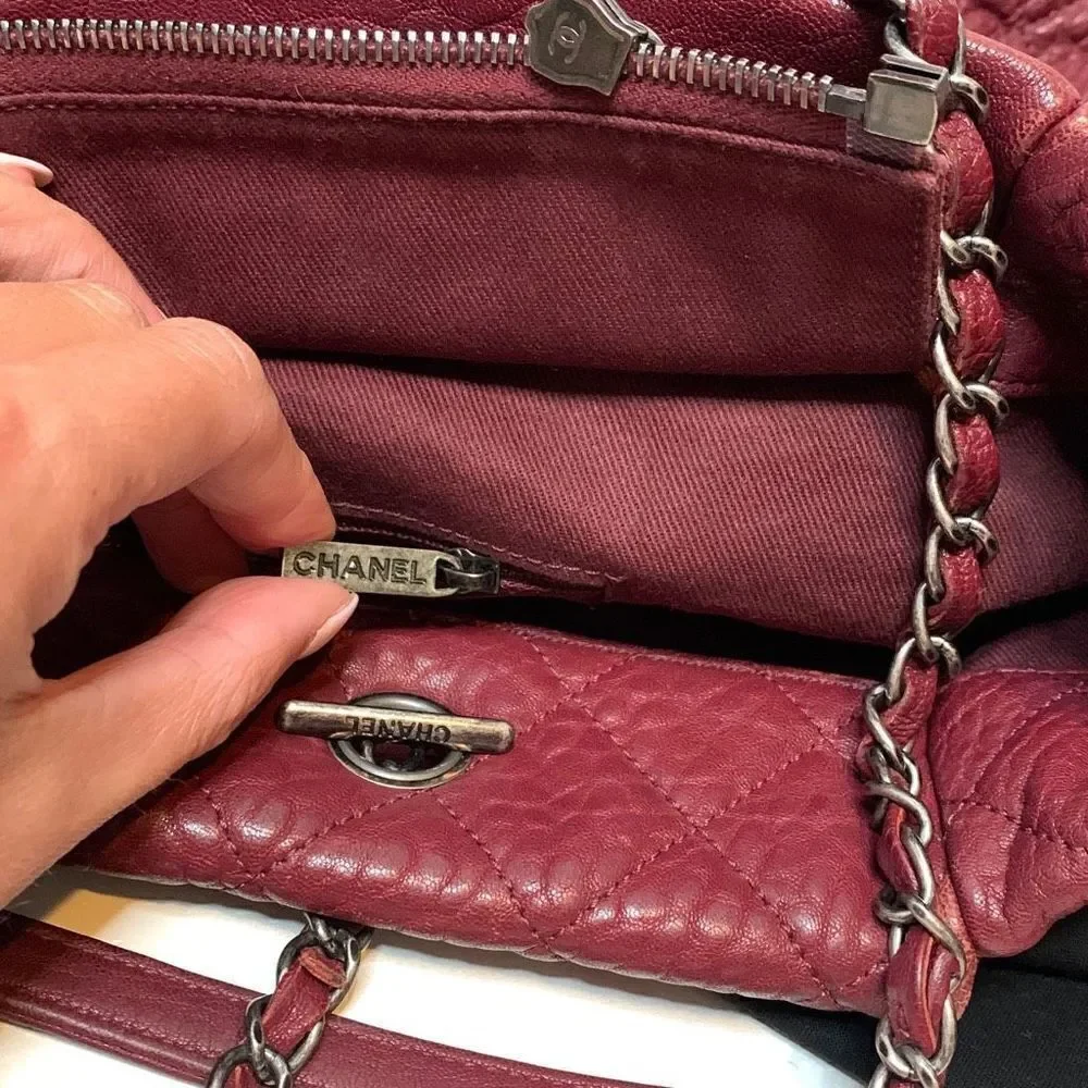 Chanel Large Duo Tote Bag Burgundy Calfskin Ruthenium Gunmetal Hardware Preowned
